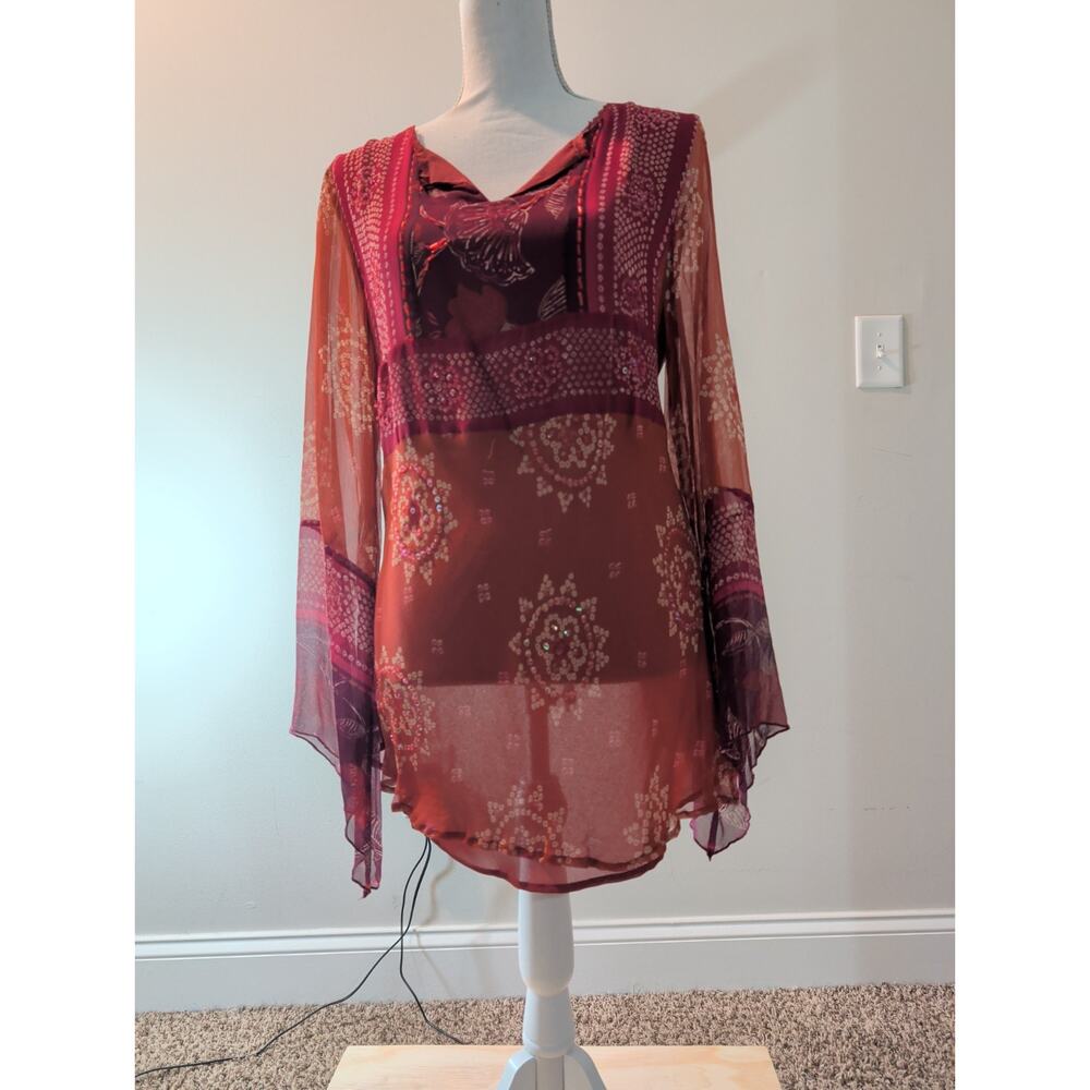 NYC Design Co. Sheer Embellished Tunic Top L Silk Blend Maroon Long Sleeve China